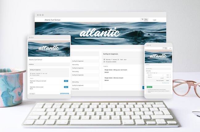 Bookwhen activity booking page on mobile, tablet and laptop.